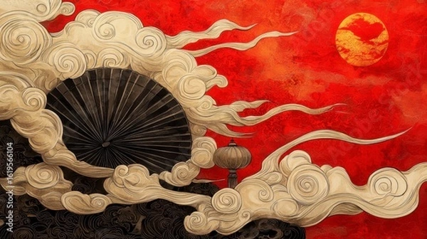 Obraz Celestial Scene with Clouds, Sun and Traditional Elements in Red