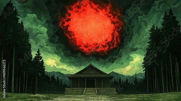 Obraz Dramatic Red Sky Over Serene Forest Landscape with Ancient Structure