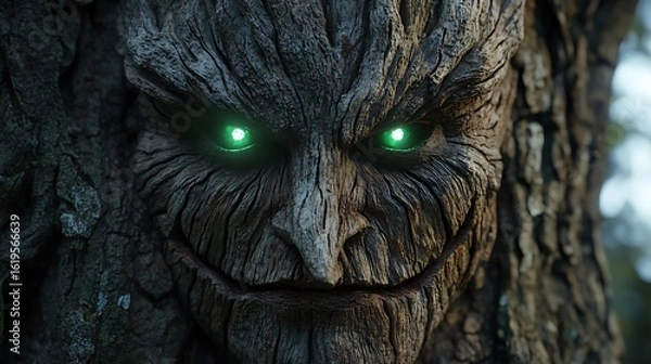 Fototapeta Mysterious tree spirit watching closely with glowing green eyes in the forest, nature's ancient guardian