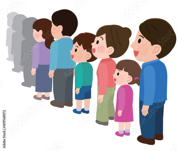 Obraz 行列に並ぶ笑顔の人々　イラスト