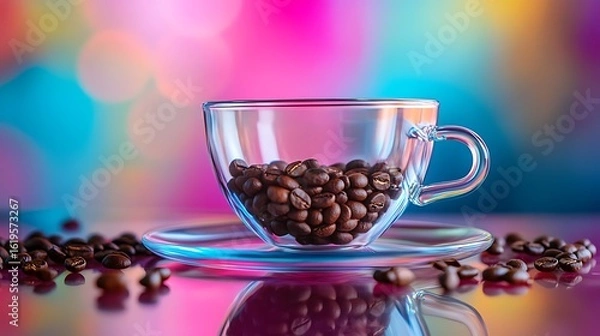 Fototapeta Aromatic coffee beans displayed in clear glass cup, vibrant background, perfect for cafe menu or coffee product promotion