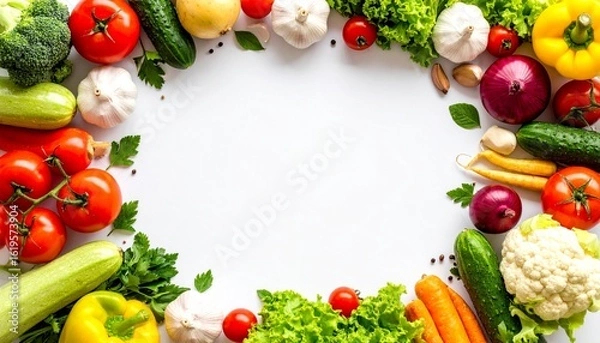 Fototapeta An overhead composition of fresh groceries arranged along the bottom edge of a clean white surface