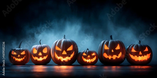 Fototapeta Row of Glowing Jack-O'-Lanterns with Varying Expressions Illuminating Dark Background in Mist
