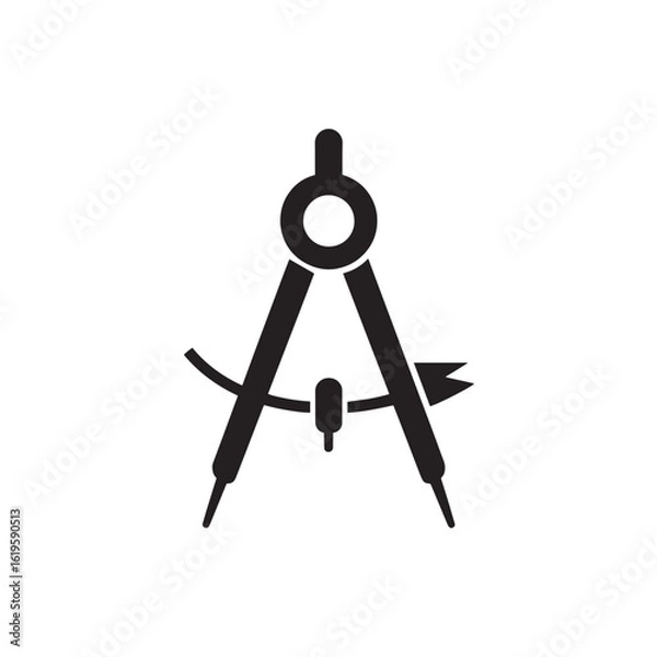 Fototapeta Black compass drawing tool with curved line and flag geometry measurement