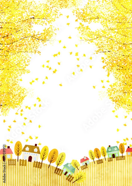 Obraz 秋、銀杏並木、街並み背景、田舎、イラスト、かわいい、縦