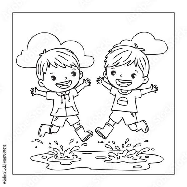 Obraz Two Happy Boys Jumping and Splashing in a Puddle, Coloring Page