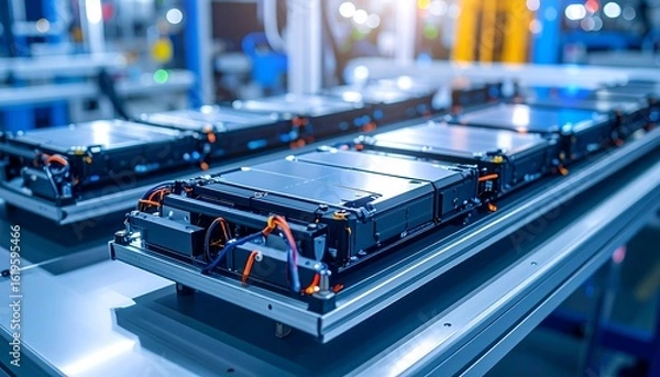 Obraz Factory production line showcasing numerous rectangular battery modules on a conveyor