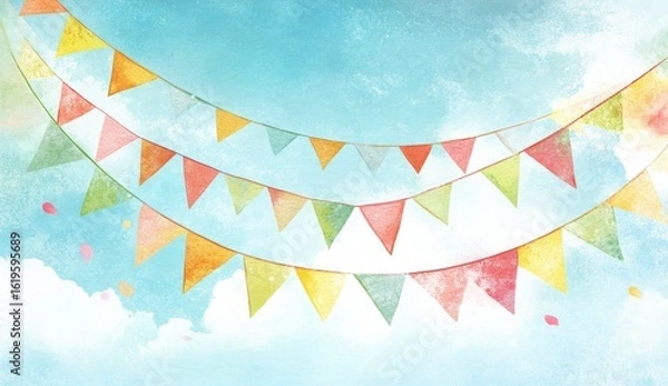 Obraz Colorful triangular flags strung in the sky.  Watercolor-style bunting against a light blue sky with clouds.  Gentle pastel colors, airy, cheerful