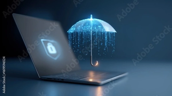 Fototapeta Digital umbrella covering laptop, glowing blue shield metaphor for cybersecurity protection, cyber insurance coverage concept for sensitive data and remote work, Selective Focus
