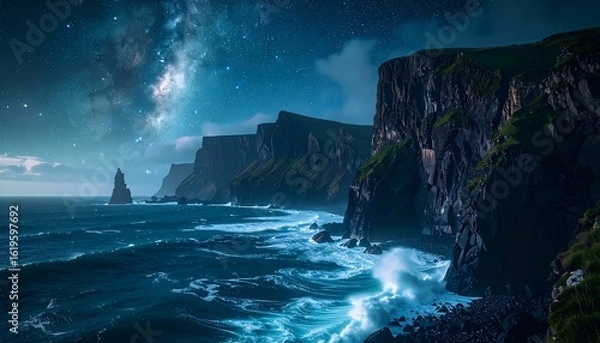 Obraz Dramatic night seascape with dramatic cliffs and starry sky