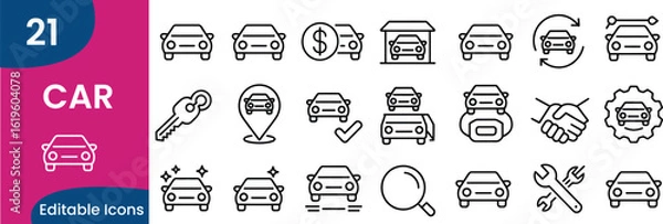 Fototapeta Car Icon Set with Various Aspects of Car Ownership and Maintenance Depicted in Simple Outline 