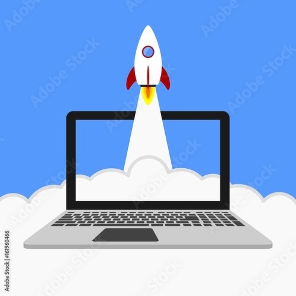 Obraz Start up rocket on laptop screen with clouds
