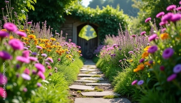 Fototapeta Secret Garden Pathway Through Blooming Flowers Rustic Wooden Gate and Sun-Dappled Leaves A Magical and Enchanting Escape