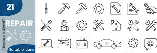 Fototapeta Set of repair icons vector illustrations for fixing issues and maintenance services editable icons