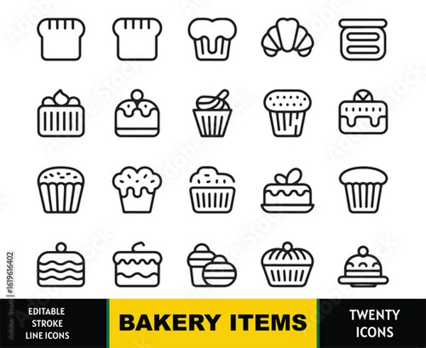 Fototapeta Collection of twenty black outline icons depicting various bakery items and baked goods on a white background
