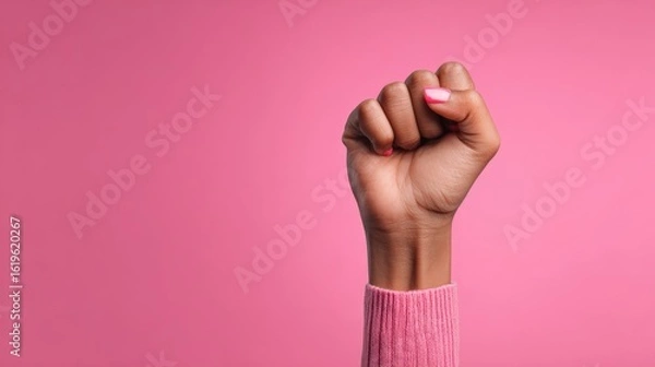 Obraz A hand with a closed fist is prominently displayed against a pink background, symbolizing strength and unity in the fight for feminism and gender equality at a protest for women's rights.
