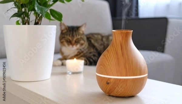 Obraz Cozy home scene with a diffuser and cat