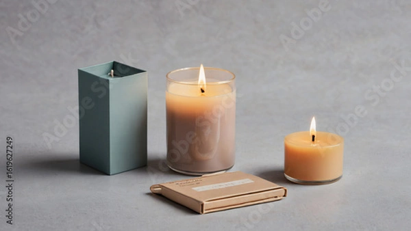 Fototapeta Scented candle and matchbox on soft grey background