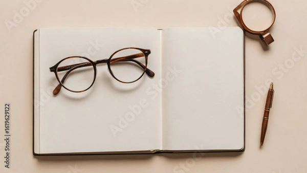 Fototapeta Flat lay of book and round reading glasses on cream surface