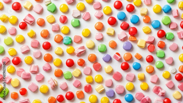 Fototapeta Candy pieces scattered across a soft white background
