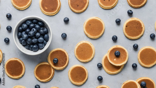Fototapeta Flat lay of mini pancakes with blueberries on muted grey