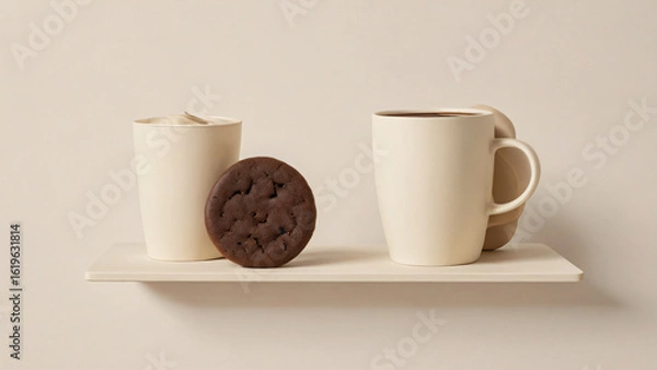 Fototapeta Minimalist snack bar and coffee combo on cream matte