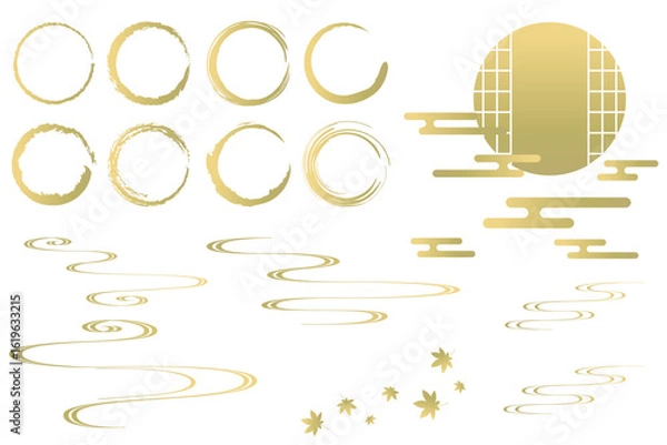 Obraz 和風の装飾イラストセット　吉祥文様　流水紋　エ霞　筆丸