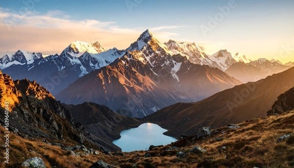 Fototapeta Majestic snow-capped peaks at sunset, reflecting in a serene alpine lake nestled in a valley