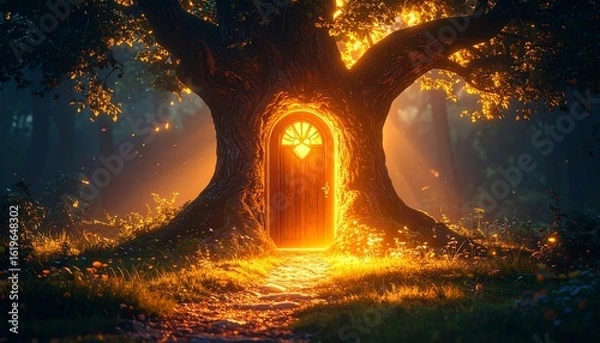 Obraz Enchanting forest, glowing treehouse