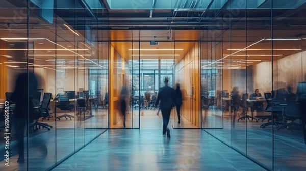 Fototapeta Group of Business people walking in the office corridor in night,People in business center walking at hall,motion go around at coworking space,Wide image,Concept of office life,co working space.