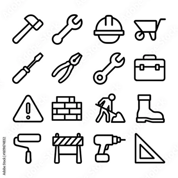 Fototapeta Simple Outline Construction and Building Tools and Equipment Black Line Icon Set