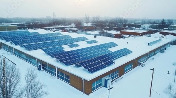 Fototapeta Aerial view of solar panels on a snow-covered building roof in winter.