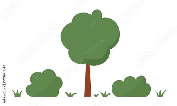 Fototapeta Tree and green bush and grass set. Simple flat cartoon elements for landscaping or park design.