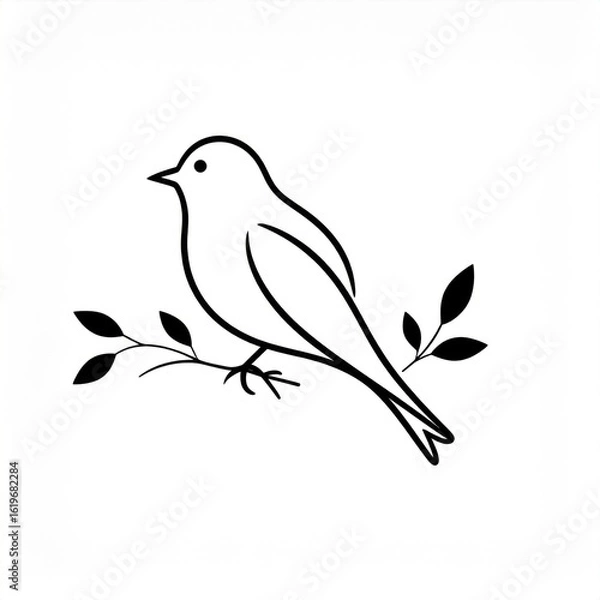Fototapeta Stylized Bird Perched on a Branch with Leaves in Black and White Simple Line Art