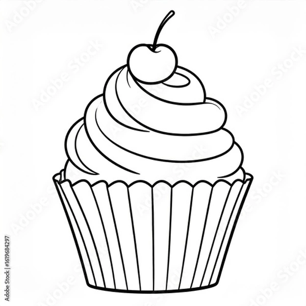 Fototapeta Cupcake with Cherry Topping in Paper Liner Black and White Outline