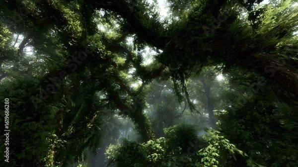 Obraz Emerald Lush Forest Canopy Mesh with Leafy Deep Interior Light: Nature-Inspired Textures for Biophilic Design