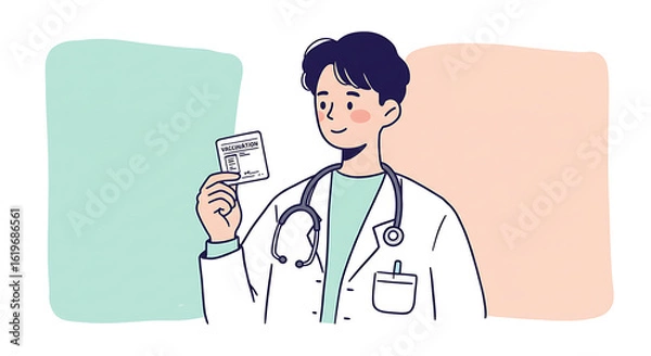 Obraz Graphical illustration of a friendly physician holding a medical record. Modern flat line art for healthcare concepts.