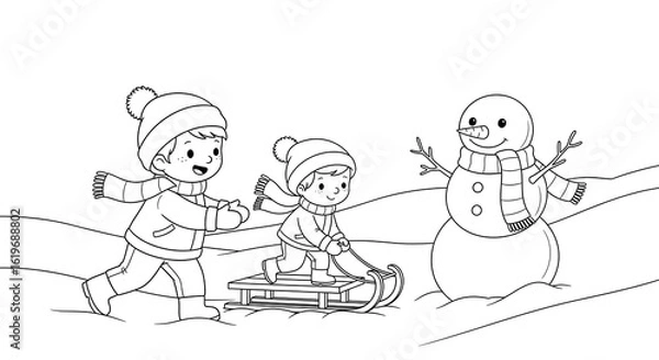 Fototapeta Happy children sledding near snowman; winter, line art, playful mood, coloring page style.