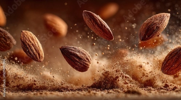Fototapeta Suspended almonds amidst a cloud of almond dust