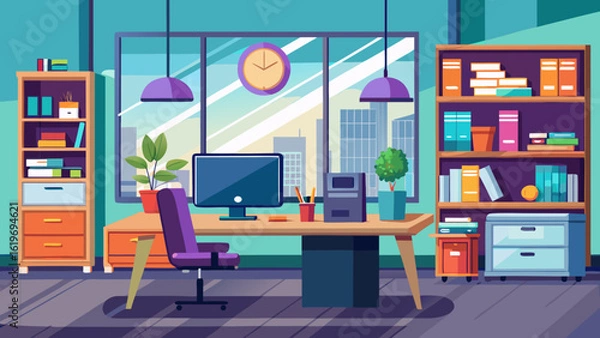 Fototapeta Vector art of a modern office interior with a desk, computer, chair, and bookshelves, illuminated by pendant lights and a large window with city view