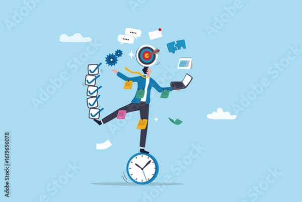Fototapeta Multitasking working with multiple tasks or job at the same time, busy work, productivity or efficiency overload or overworked concept, busy businessman multitask juggling business work routine.