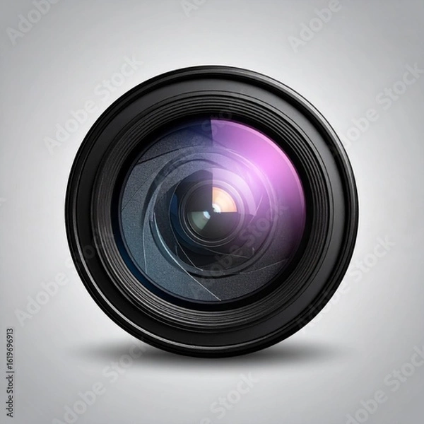 Fototapeta Camera Lens with Detailed Optical Elements Reflected in the Glass on Soft Grey Gradient