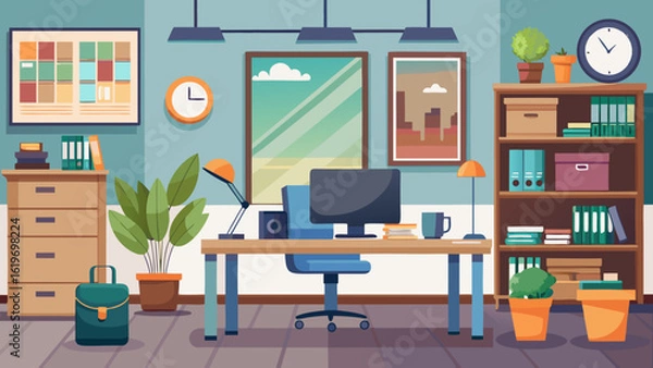 Fototapeta Vector art of stylish home office setup featuring a desk with computer, chair, artwork, plants, and shelving, ideal for remote work or study