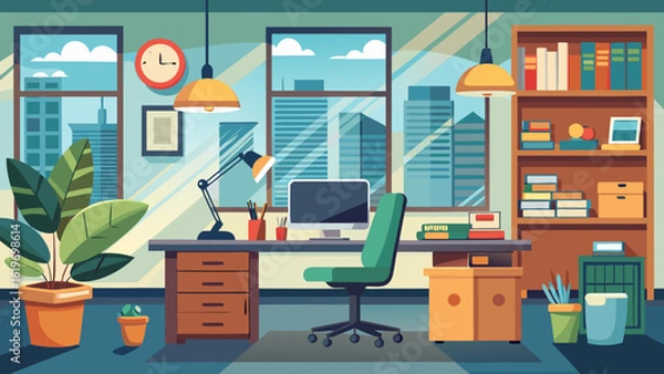Fototapeta Vector art of modern office interior with a desk, computer, chair, and plants, overlooking a cityscape through large windows, creating a productive workspace