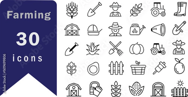 Obraz Farming icon set. Containing tractor, field, harvest, barn, cow, chicken, watering, irrigation, soil, seeds, crop and more. Editable line icons. Vector illustration
