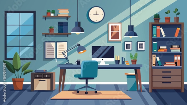 Fototapeta Vector art of stylish home office setup featuring a desk, computer, chair, lamp, shelves, clock, window, and plants, ideal for remote work and study