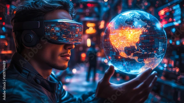Fototapeta A businessman wearing VR glasses interacts with a holographic globe. The concept of virtual reality, global connectivity, and futuristic business innovation. Generative AI.