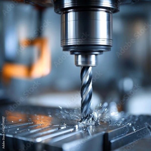 Obraz CNC Machine Drilling Process with Metal Shavings