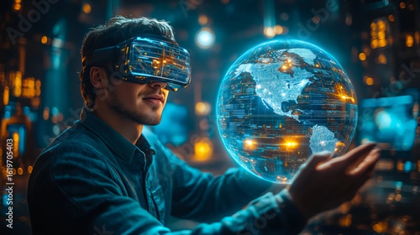 Fototapeta A businessman wearing VR glasses interacts with a holographic globe. The concept of virtual reality, global connectivity, and futuristic business innovation. Generative AI.