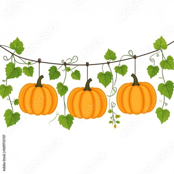Fototapeta Three Orange Pumpkins Hanging with Green Vine Leaves on a White Background